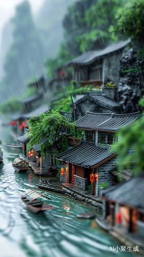 江南小镇烟雨下雨天