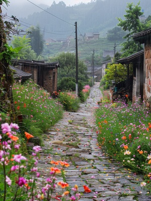 乡间小路上，青石板路两边开满了五颜六色的鲜花，天空下着下雨，路延伸的地方有三两户人家，烟雨朦胧。