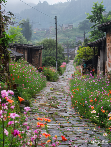 乡村小路烟雨鲜花