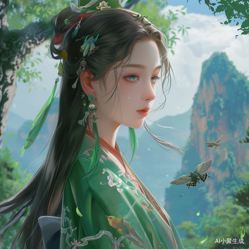 绿色汉服女孩，飞鸟蝴蝶彩绘大树远山高清图