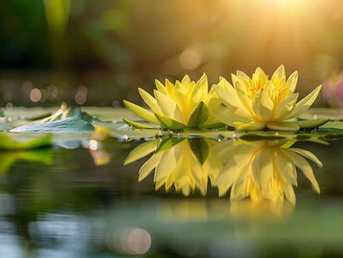 莲池中，两朵並蒂而生的黄色睡莲，花瓣在阳光下晶莹剔透，水里呈现清晰的倒影。高分辨率，超高清摄影作品。