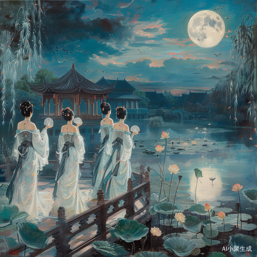 月色楼台，汉服贵妇，垂柳画卷