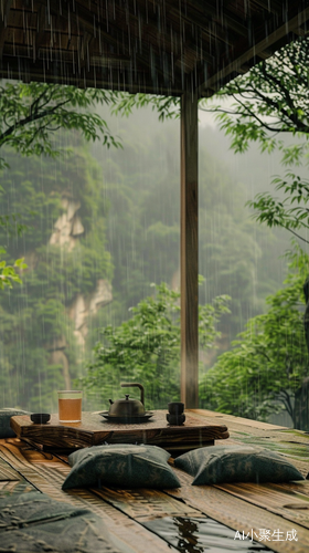 雨中竹林木屋，深山幽静喝茶坐垫