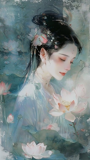 John Lovett，温婉娴静、白衣如雪、鬓发如瀑、眉目如画、手持莲花、微笑盈盈、清新脱俗、仙女降凡、翩翩起舞、花前月下、飘逸动人、令人心驰神往。