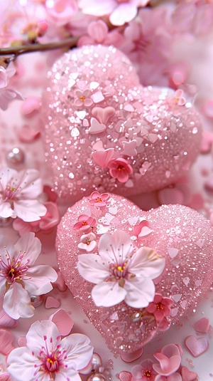 Pink hearts, cherry blossoms and flowers in the background, white background, pink glittery hearts with pink flowers, pink heart-shaped candy decorations on top of a table, pink heart-shaped pieces of sugar with flower patterns on them, pink color scheme, pink color palette, pink flower patterned fabric, pink heart shape decoration, pink decorative glasswork, pink cherry blossom petals, pink glittering crystal. ar 71:128 stylize 50