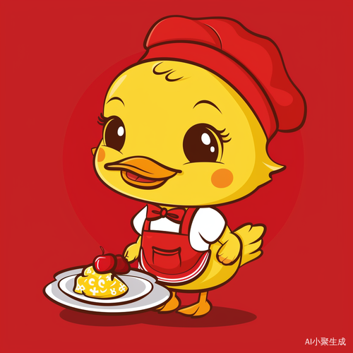 可爱小黄鸭服务员装扮红色背景