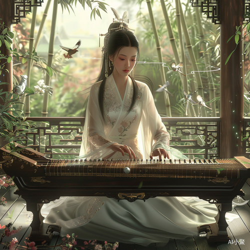 Melodies of Ancient China: A Maiden at the Guzheng Pavilion