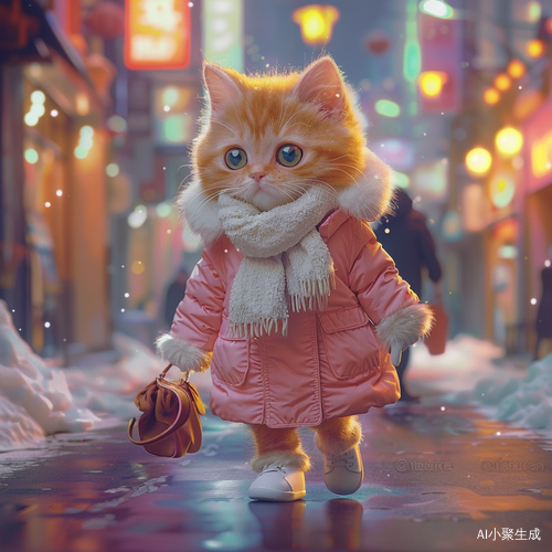 可爱橘猫穿冬装城市漫步