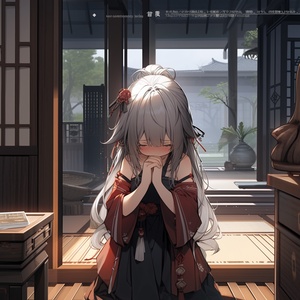 In the game, you can see an anime-style girl in Hanfu standing in front of wooden furniture, hands folded and holding the hair on one side to show that she is crying. The background is a dark wood-grain wall with an upward staircase extending from the lower left corner, flanked by windows with brown curtains and some Japanese-style text floating on it. There is another character next to him, who is dressed in Chinese costume and dressed as a Chinese man.