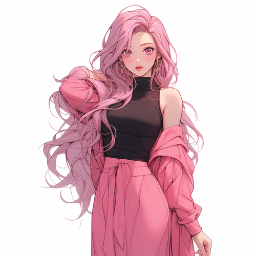 性感精致美女，黑粉长发和露背吊带配色