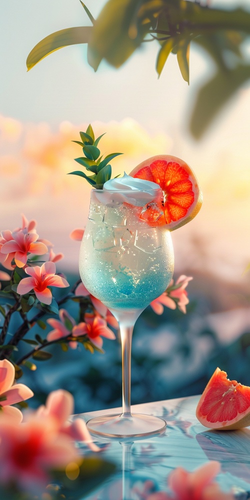 Rooftop Garden featuring a gradient blue spritz cocktail with a grapefruit as a garnish, cream on top, high resolution, ultra-intricate details, ultra-realistic details, 4K