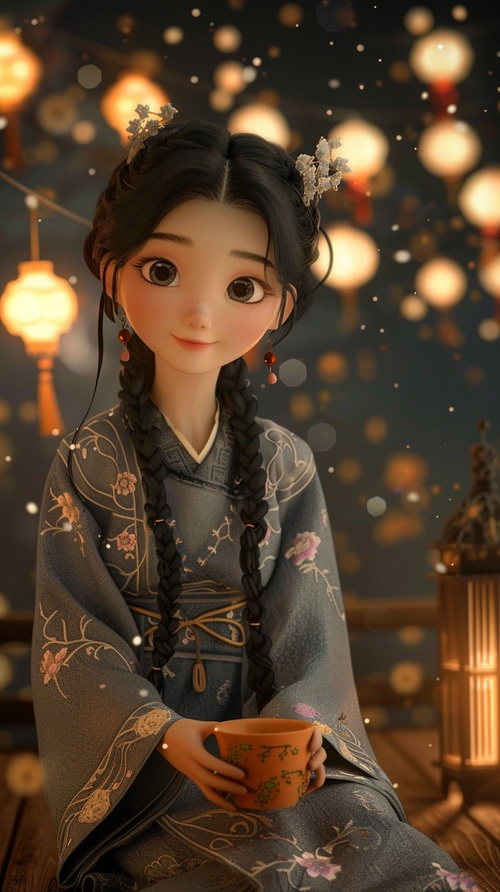 Cartoon, girl in Hanfu sitting on the table with long black braided hair holding a coffee cup, smiling face, background of lights and stars floating in the sky, warm color tone, full body portrait, looking at the camera, wearing a gray dress embroidered with pink flowers, in the style of Disney animation, 3D rendering, cute and dreamy.