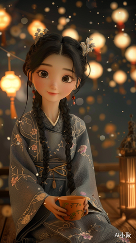 Dreamy Disney-style Hanfu Girl with Coffee Cup