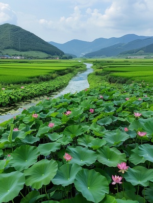 绿色的稻田在远方,荷花在荷塘上绽放,流水在中国建筑风格中流淌,。前方是无垠的绿色草原,周围环绕着起伏的山脉。照片采用高分辨率,通过手机拍摄的旅游照片呈现自然风景之美。