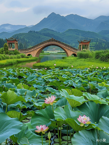 荷塘绽放龚桥边,绿色草原远山环绕