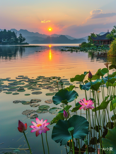 绚丽晚霞下的湖畔自然风景