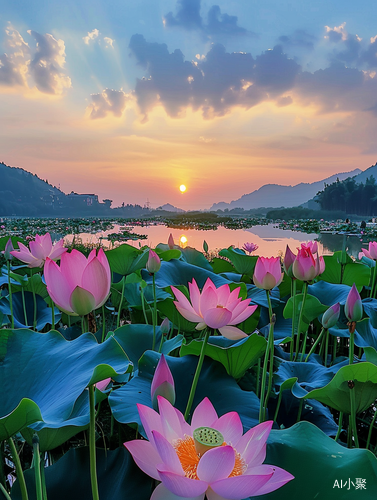 绚丽晚霞下的湖畔自然风景