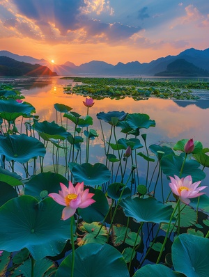 几棵荷花芦苇在荷池边上绽放,，几棵芦苇，芦苇。湖面上晚霞映照，照片采用高分辨率,通过手机拍摄的旅游照片呈现自然风景之美。