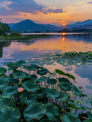 几棵荷花芦苇在荷池边上绽放,，几棵芦苇，芦苇。湖面上晚霞映照，照片采用高分辨率,通过手机拍摄的旅游照片呈现自然风景之美。