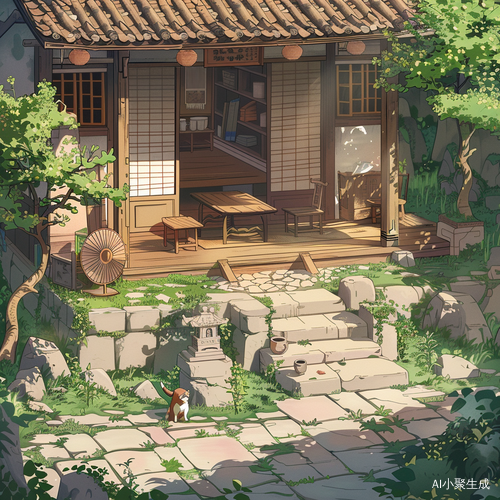 动漫插画风格的三层小屋插图