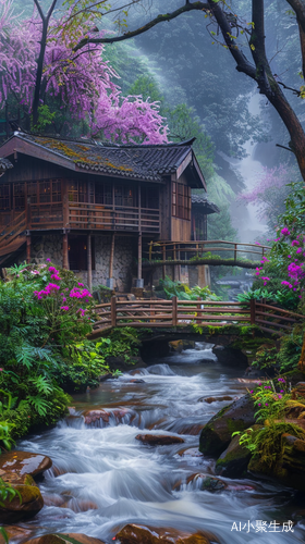 绿植花朵环绕的小木屋风景图