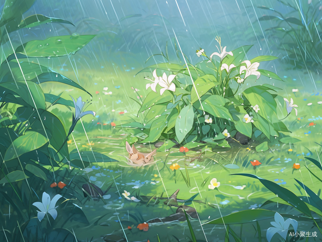 阳光明媚的草地，清芳小溪，花儿生长