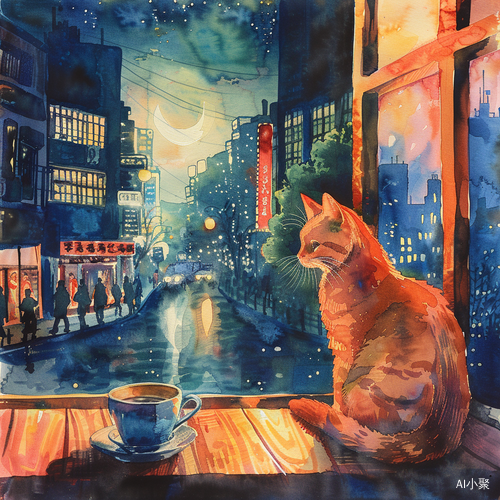 温馨夜晚：橘猫、窗台、咖啡杯与水彩画