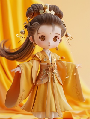 super cute girl ip by pop mart, full body, chinese style, hanfu, yellow cloth and dress, clay model, blind box toy, clean background, delicate gloss,3d rendering, oc rendering, best picture quality,4k, super noise reduction, whole body,,,inclothes chaos 2stylize 100 niji 6aspect3:4