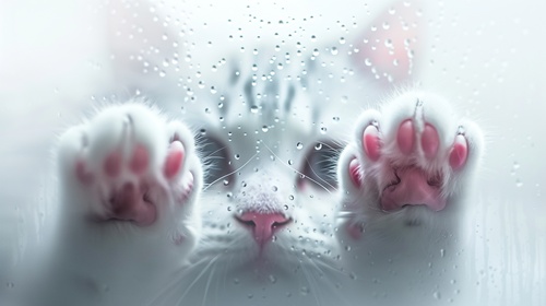 Through frosted glass, I saw a cute cat face with a hazy texture, with two pink claws protruding from below. Simple background and cartoon style. Featuring white and gray, adopting minimalist design. A close-up of only one claw with a blurry effect to increase depth style raw ar 16:9