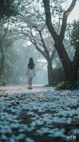 清晨花瓣飘落女孩思考生命的短暂与无常