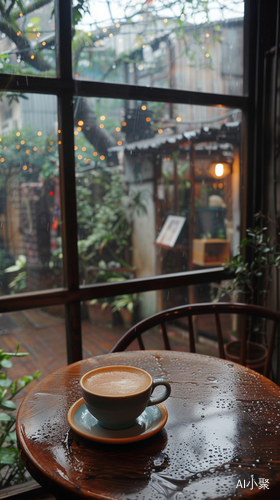 室内圆形茶桌上的咖啡杯与窗外小雨