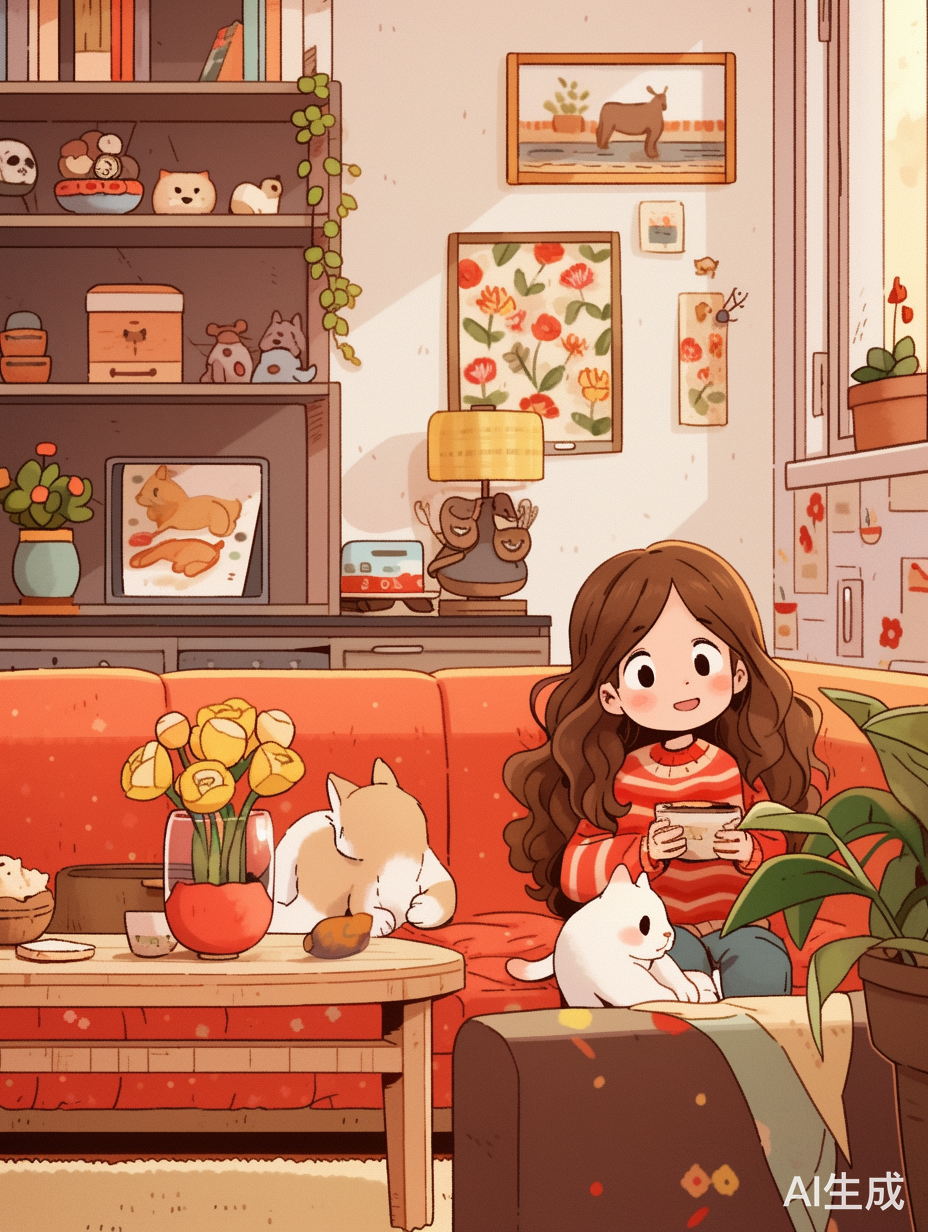 长发女孩在夜晚客厅享用晚餐与动画节目