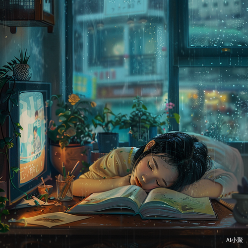 宁静的雨夜年轻女子与书桌上的洋桔梗