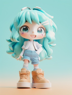 fashionable toy blind box, chibi style, cute girl, light blue hair, white sparkling eyes, smile + expression painfully twisted, wearing big fluffy shoes, full body shot, light colored background, front view, simple design, simple styling, glossy material, super fine, soft lighting, cinema4d, mixer, studio lighting, clear sharp focus