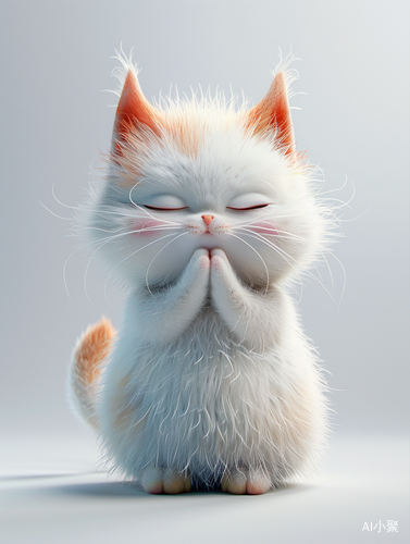 Cute Fluffy Kitten in Cartoon Style Praying with Closed Eyes