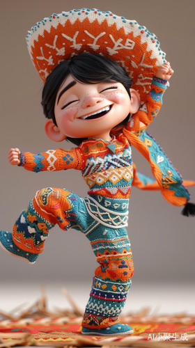 Cute Pixar Style Girl in Yarn Mexican Patterned Suit