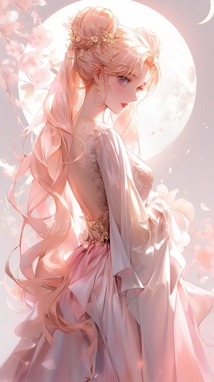 anime girl with long hair and a pink dress with a big moon in the background, beautiful anime portrait, anime style. 8k, portrait knights of zodiac girl, artwork in the style of guweiz, beautiful anime art style, anime style 4 k, the sailor moon. beautiful, beautiful anime, beautiful anime style, extremely detailed artgerm, guweiz niji 5 style cute