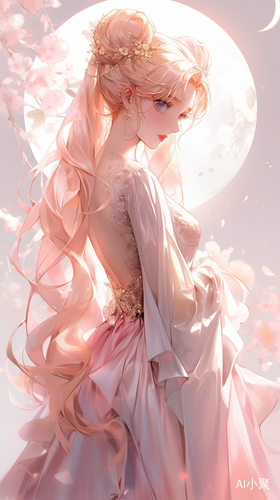 Anime Girl in Pink Dress Under Big Moon Beautiful Portrait