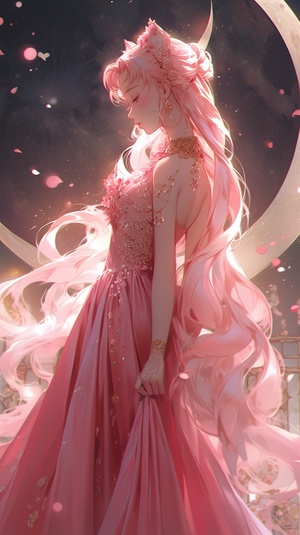 anime girl with long hair and a pink dress with a big moon in the background, beautiful anime portrait, anime style. 8k, portrait knights of zodiac girl, artwork in the style of guweiz, beautiful anime art style, anime style 4 k, the sailor moon. beautiful, beautiful anime, beautiful anime style, extremely detailed artgerm, guweiz niji 5 style cute