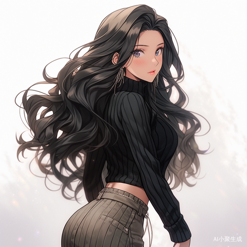 气质美女黑色波浪长发露背吊带长裙特写照