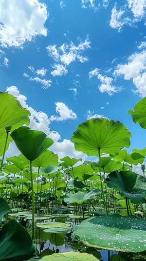 阳光明媚的夏日荷塘，天空，绿绿的荷叶有露珠，莲蓬，池塘上有漂浮着荷叶，超高清，4k,仰视,第一人称视角