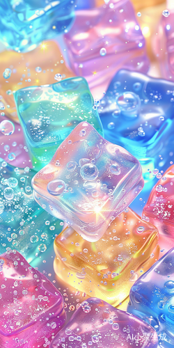 Colorful Ice Cubes in Cute Cartoon Style with Sparkling Effects