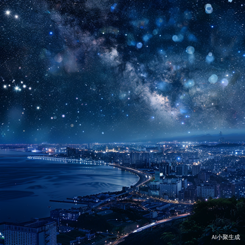 海边城市夜景俯视星空与灯光繁星