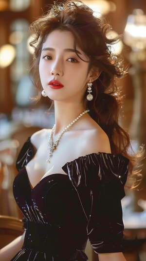 Chinese actress angled her upper body in a black velvet dress with a pearl necklace and diamond earrings. She had beautiful makeup with red lips and long curly hair while her skin appeared white. Her full figure was shown as she looked at the camera in high heels with a hotel background, posing for photos in the style of high definition photography.