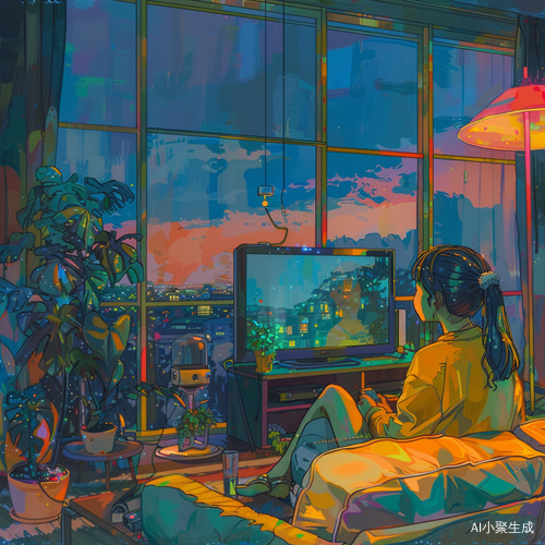 夜晚客厅女孩休息看电视的鲜明动漫场景