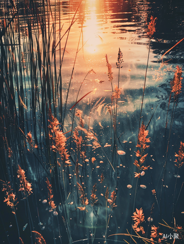 湖边芦苇与荷花映晚霞的高分辨率旅游照片