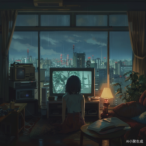 夜晚女孩在客厅看电视休息线条动漫