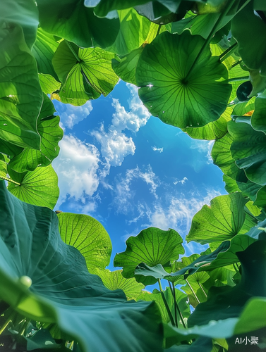 夏日荷塘下的天空与绿色生机的超写实照片