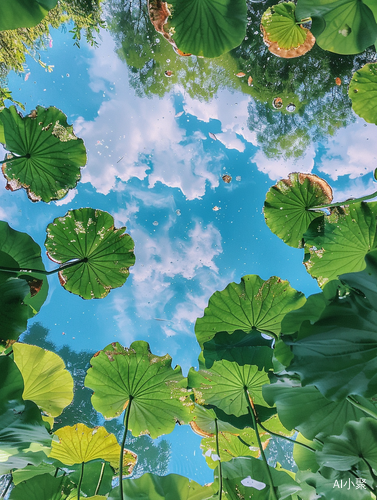 夏日荷塘下的天空与绿色生机的超写实照片