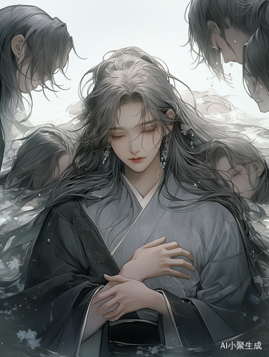 水中沉静青少年优雅长发与柔和光线交织的美景